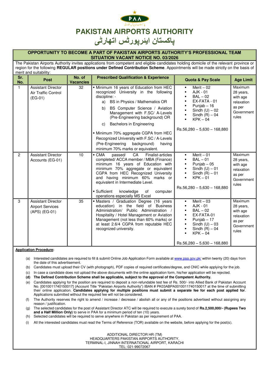 pakistan airports authority jobs 2026 advertisement