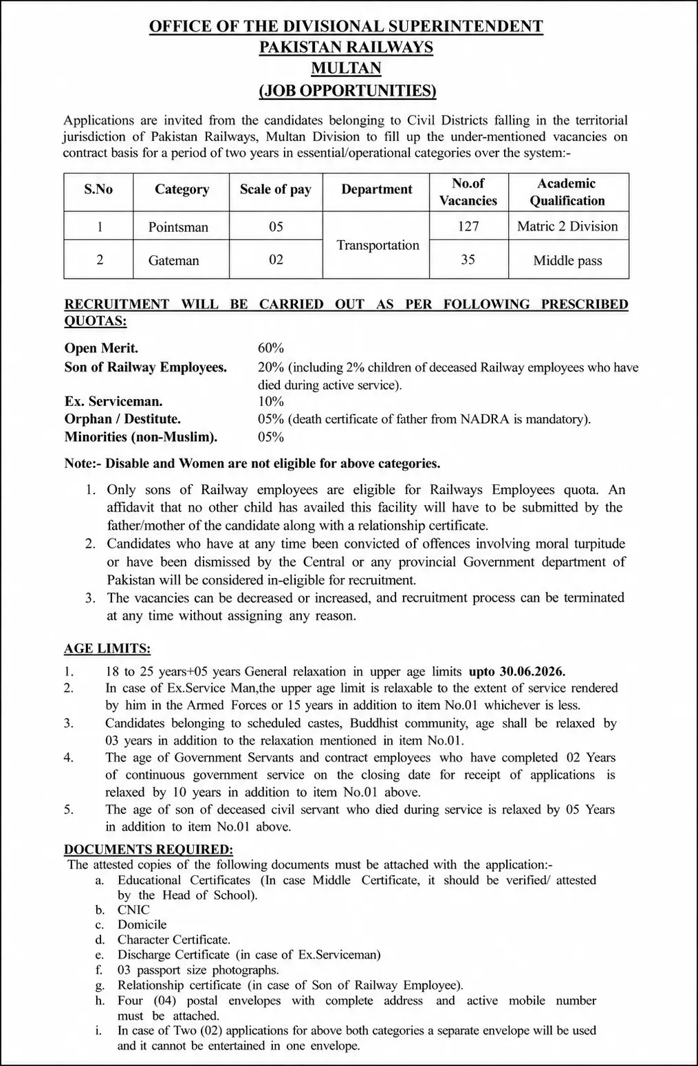 pakistan railways multan jobs 2026 advertisement