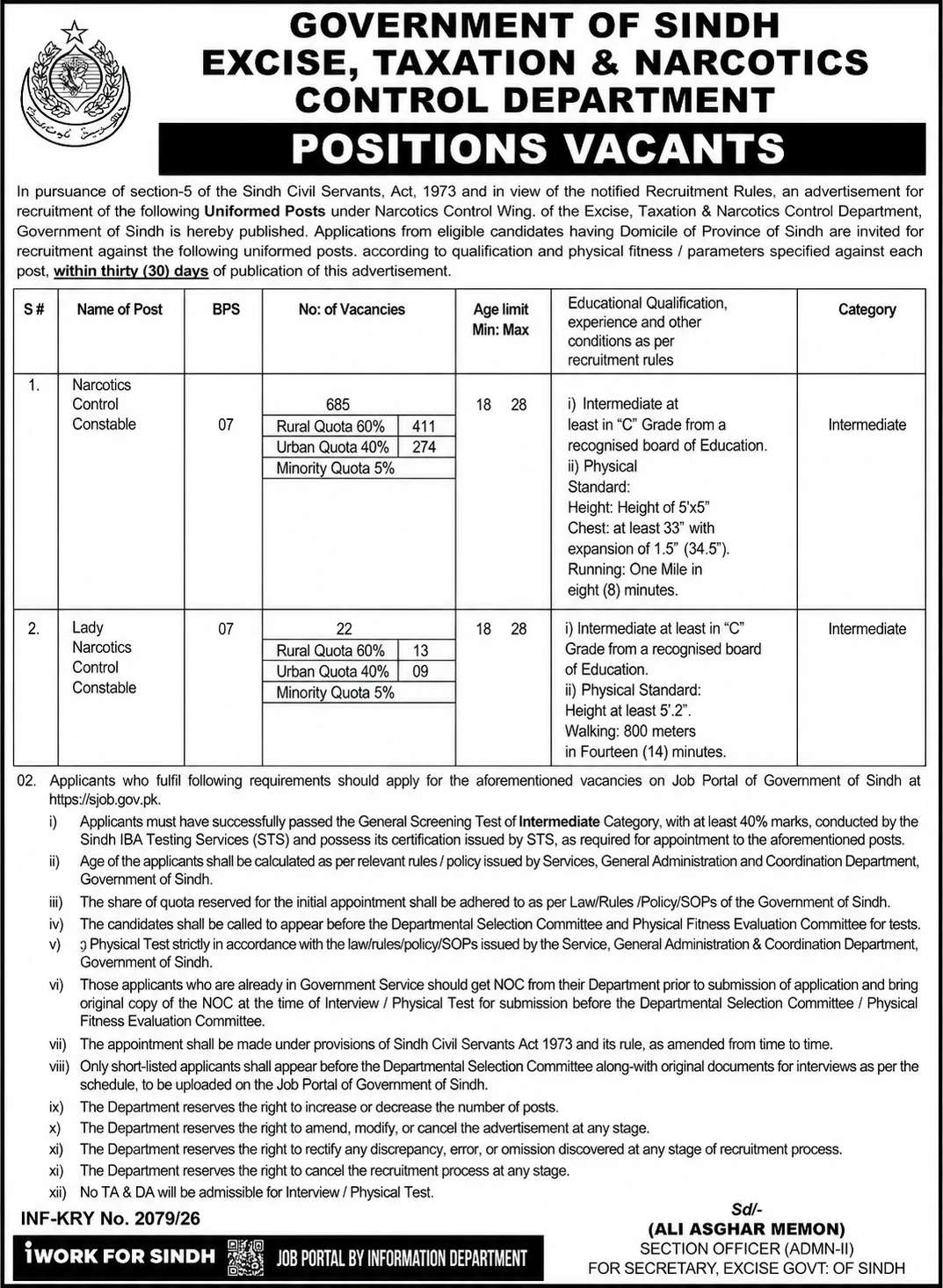 sindh excise taxation & narcotics control department jobs 2026 advertisement