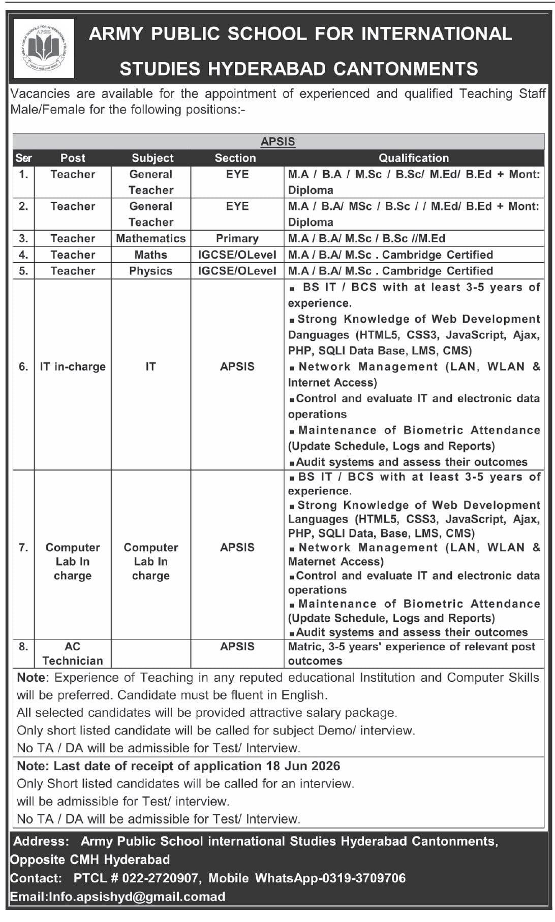 army public school hyderabad cantt jobs 2026 advertisement