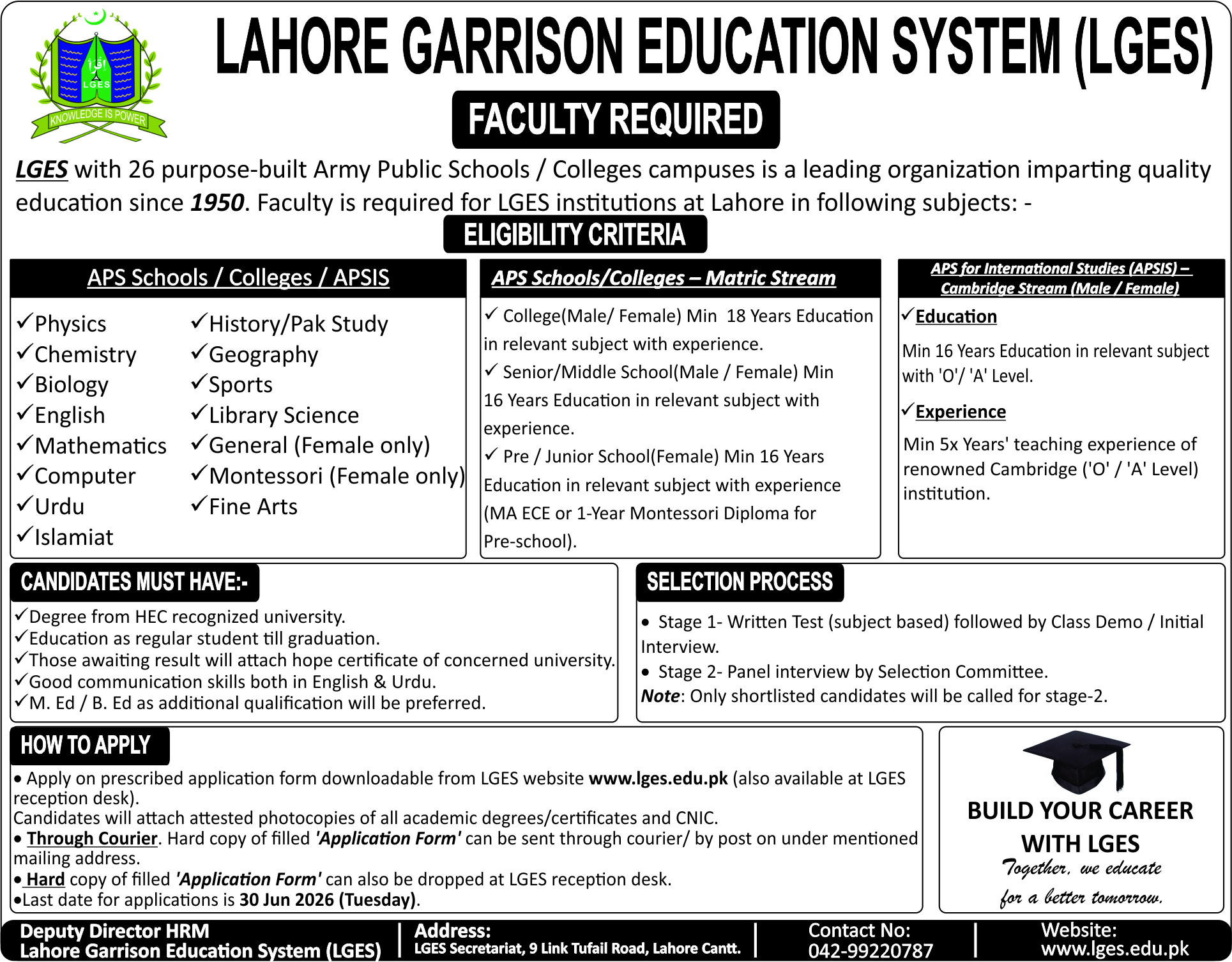 lges teaching jobs 2026 in lahore advertisement