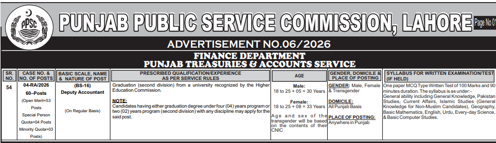 ppsc deputy accounts officer (bs 16) jobs 2026 ad