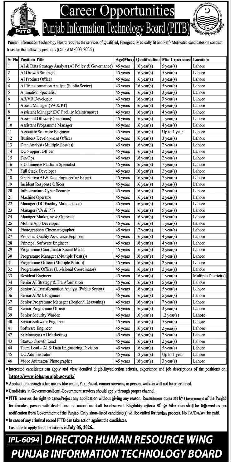 punjab information technology board pitb jobs 2026 advertisement