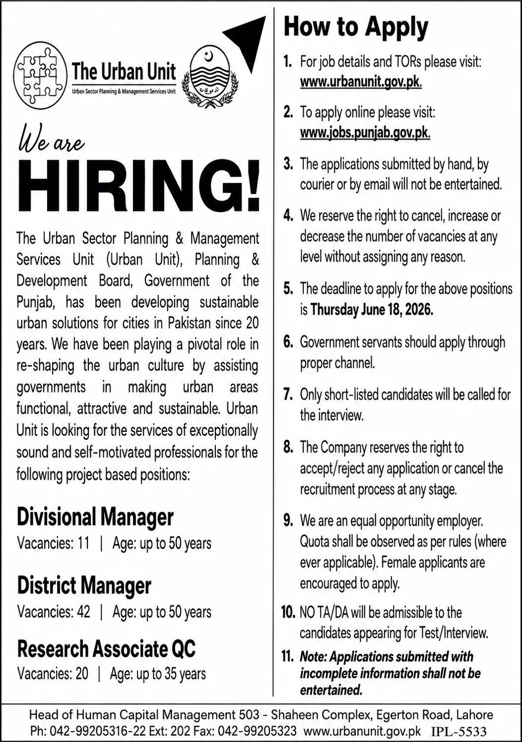 the urban unit jobs 2026 in punjab advertisement