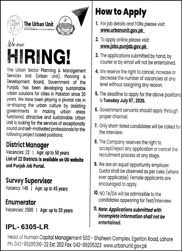 urban unit punjab jobs 2026 advertisement