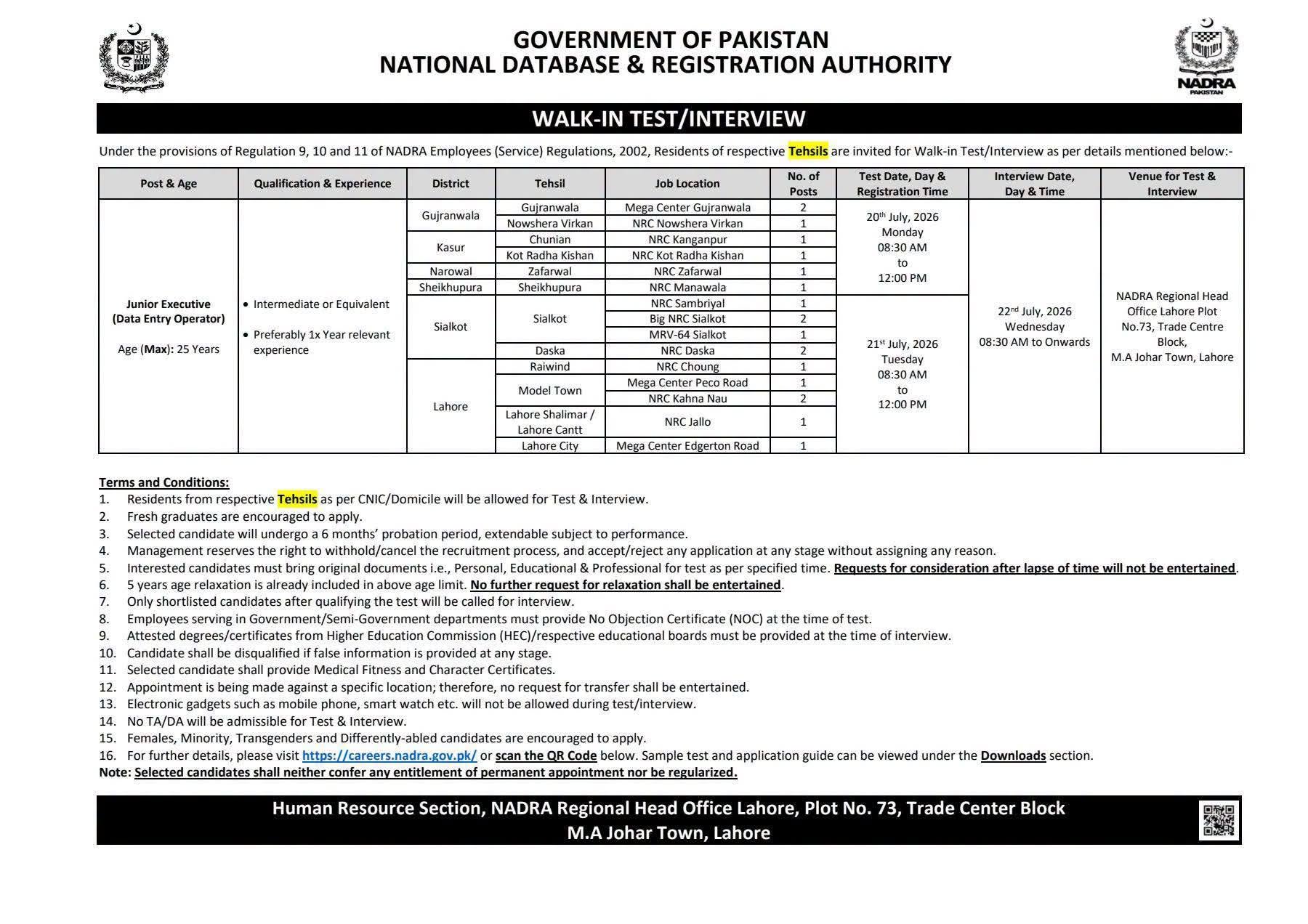 NADRA Jobs july 2026 advertisement