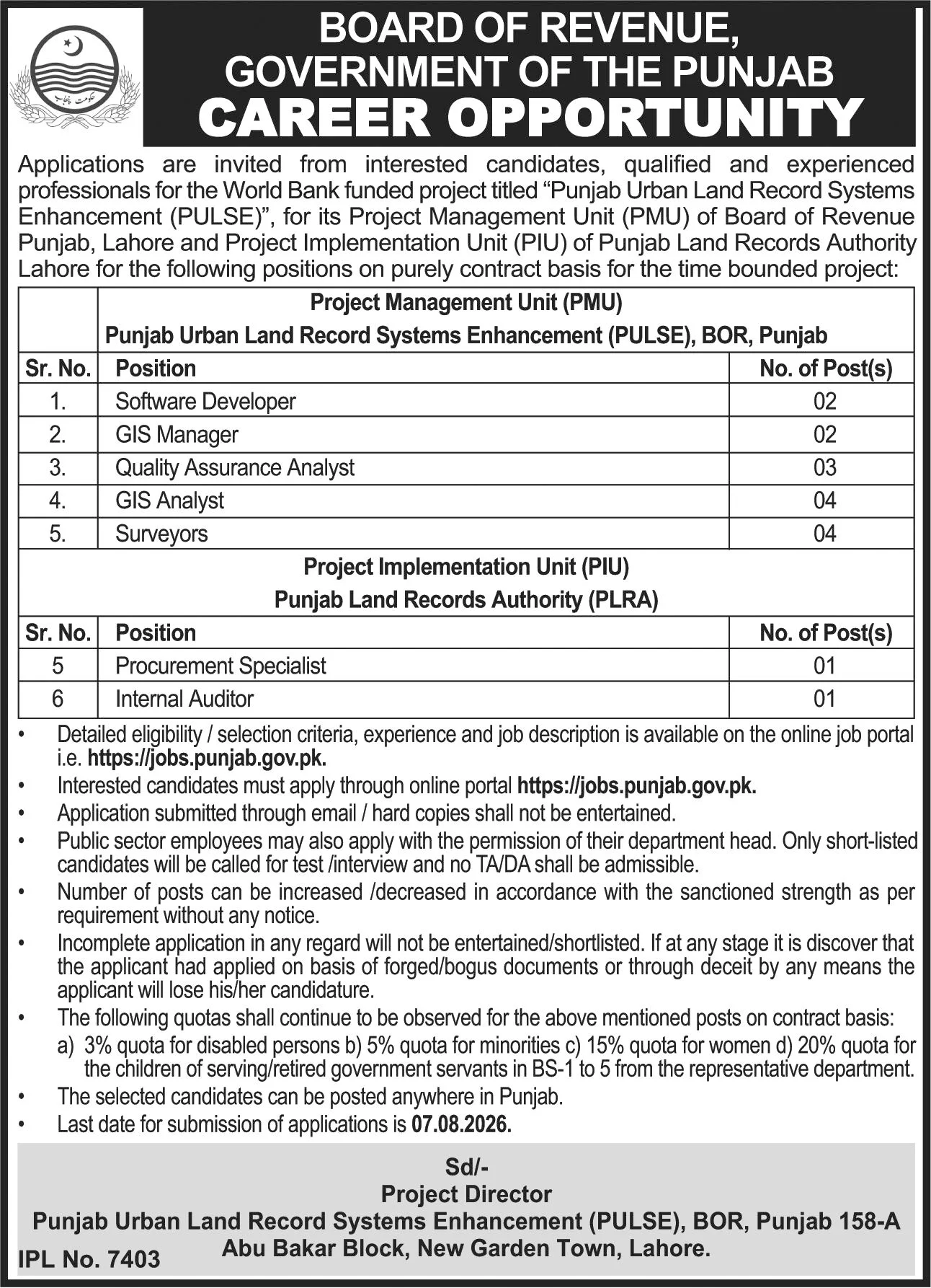 board of revenue punjab jobs july 2026 advertisement