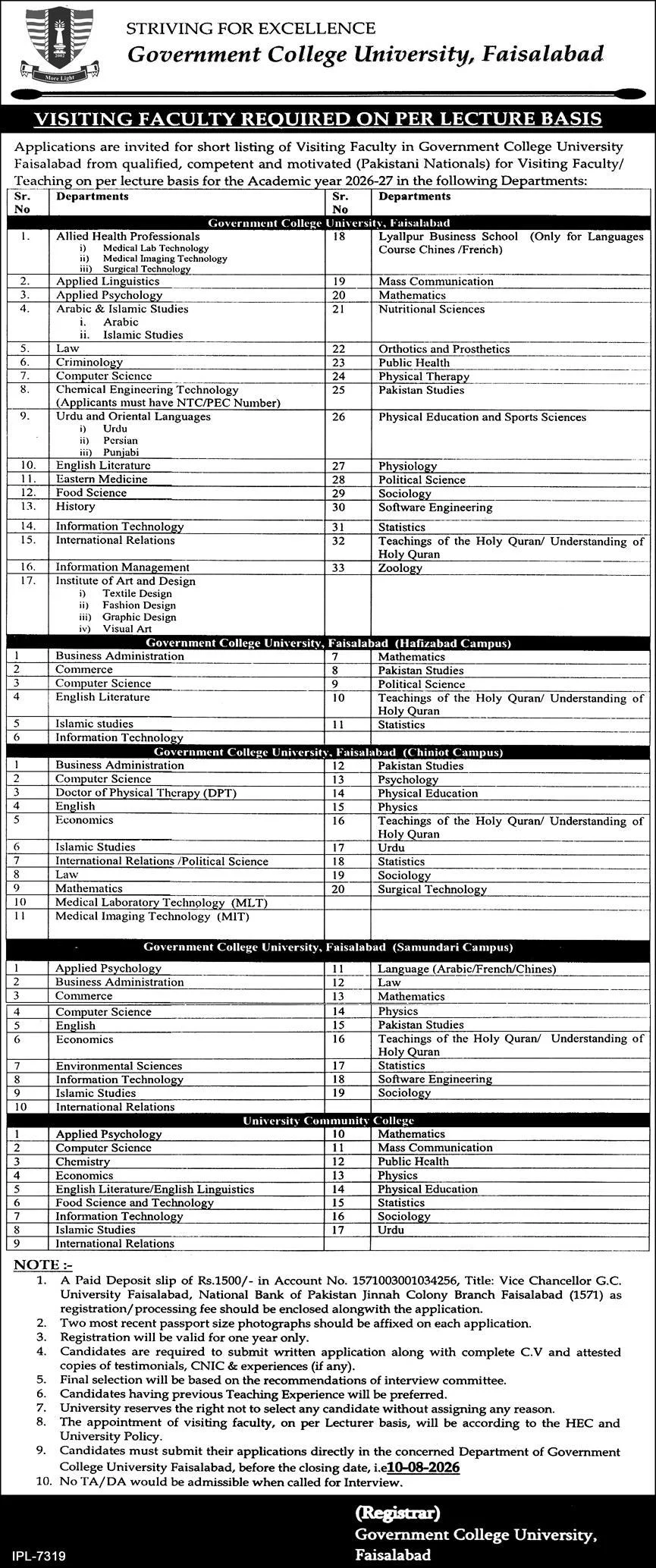 gcuf visiting faculty jobs 2026 advertisement
