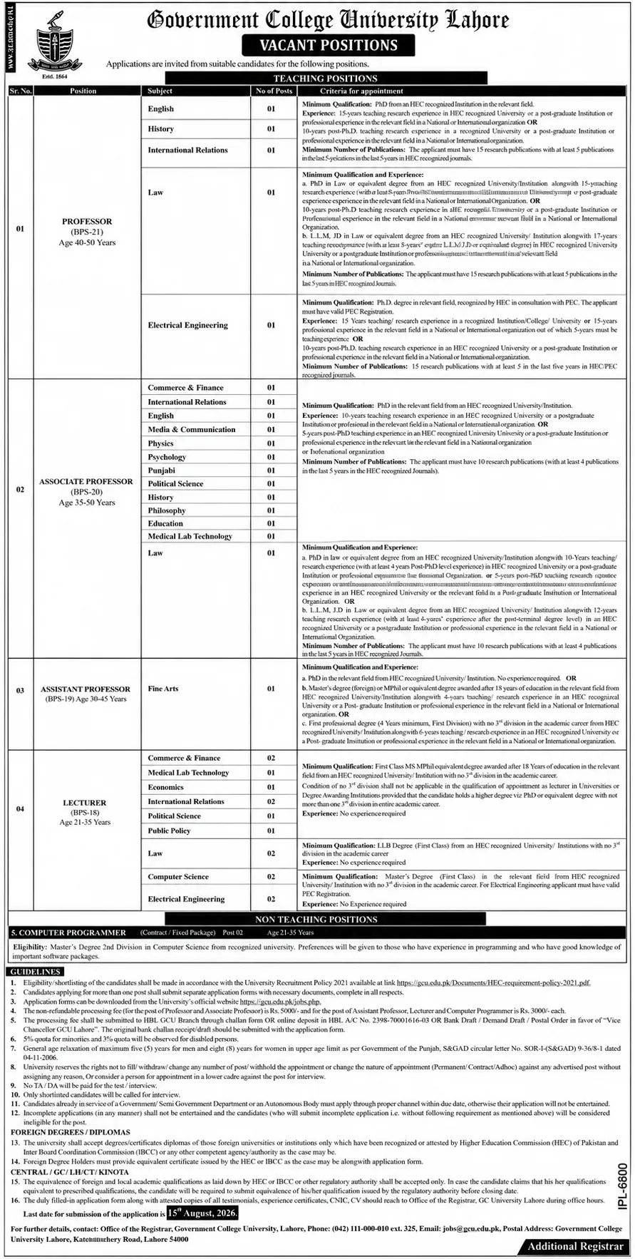 government college university lahore jobs july 2026 advertisement