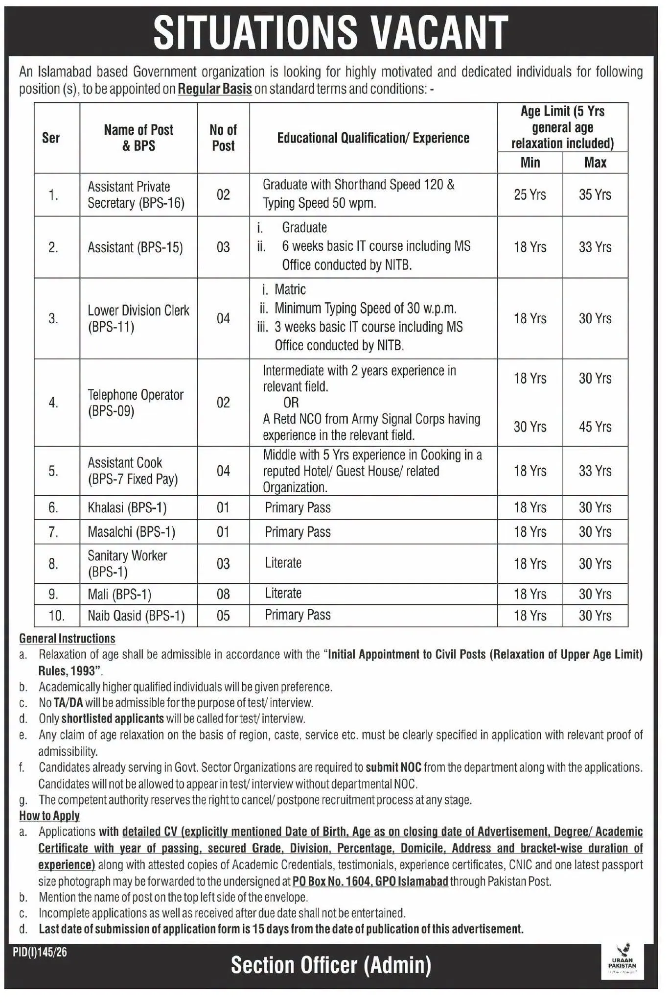 government organization jobs 2026 in islamabad
