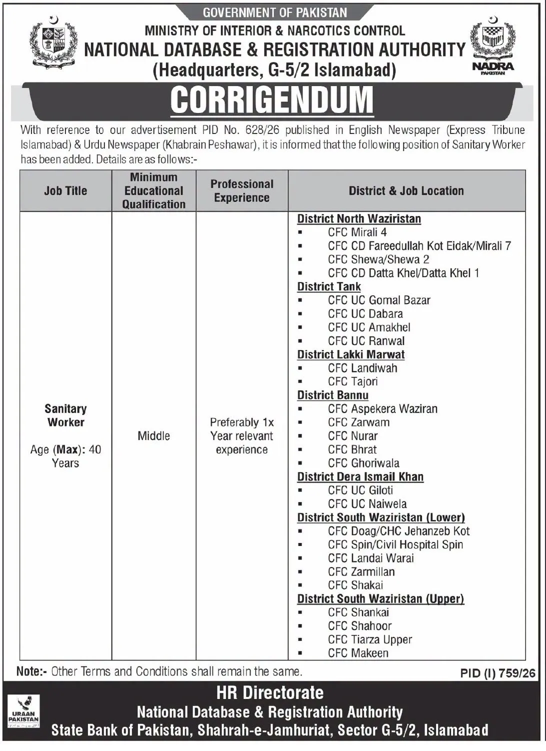 nadra sanitary worker jobs 2026
