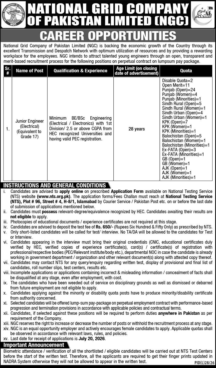 national grid company of pakistan (ngc) jobs 2026 advertisement