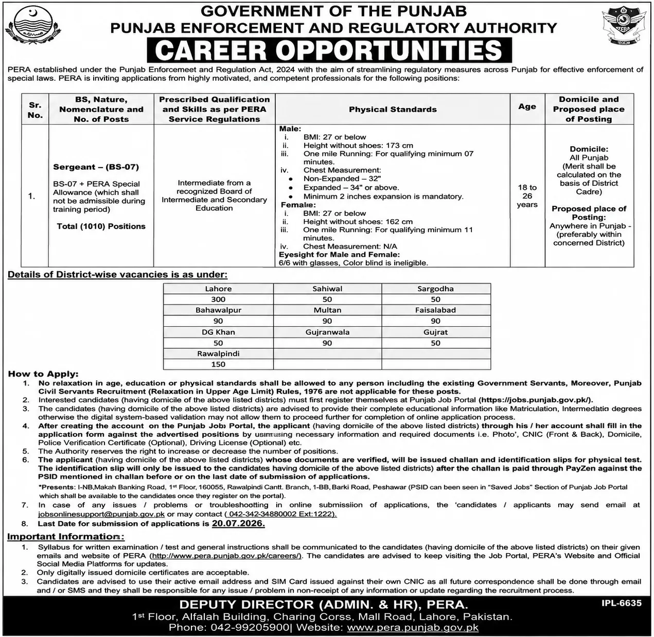 pera jobs 2026 – sergeant (bs 07) 1010 vacancies announced in punjab