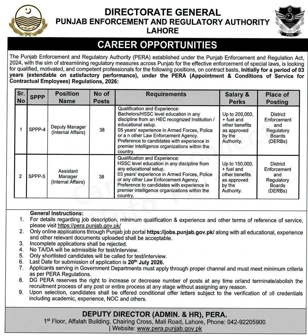 pera punjab jobs 2026 advertisement