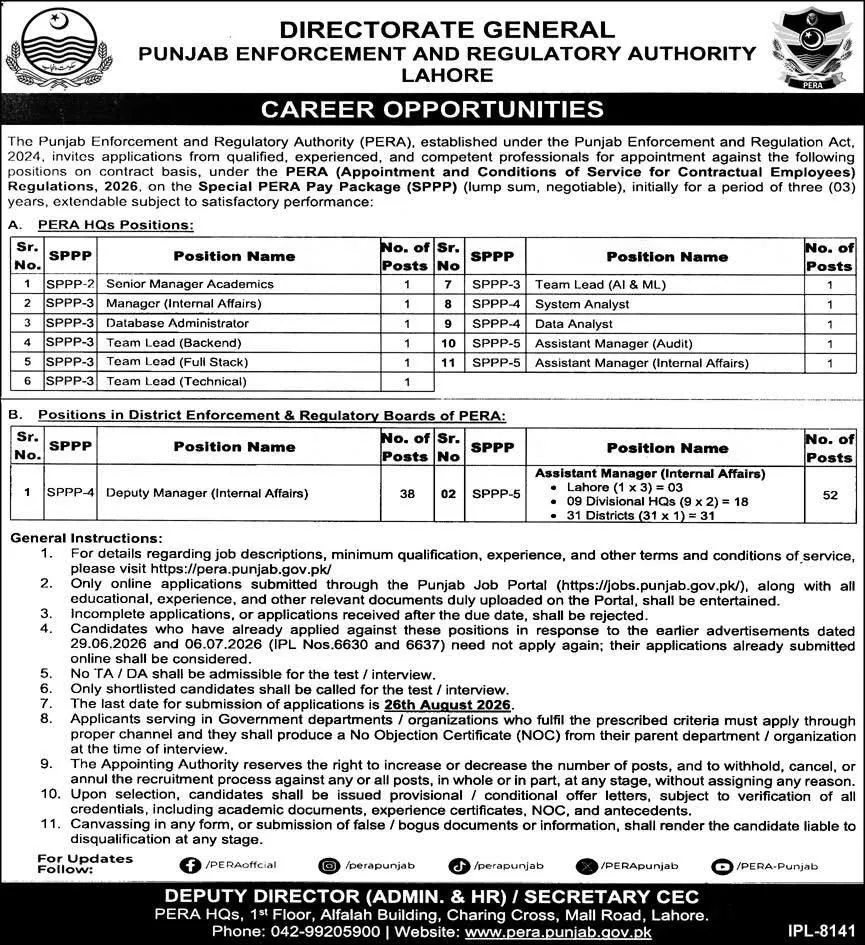 pera punjab jobs august 2026 advertisement