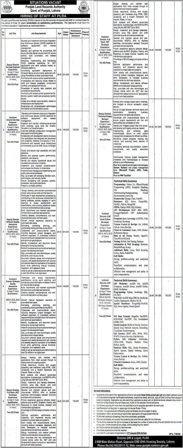 punjab land records authority plra jobs august 2026 advertisement
