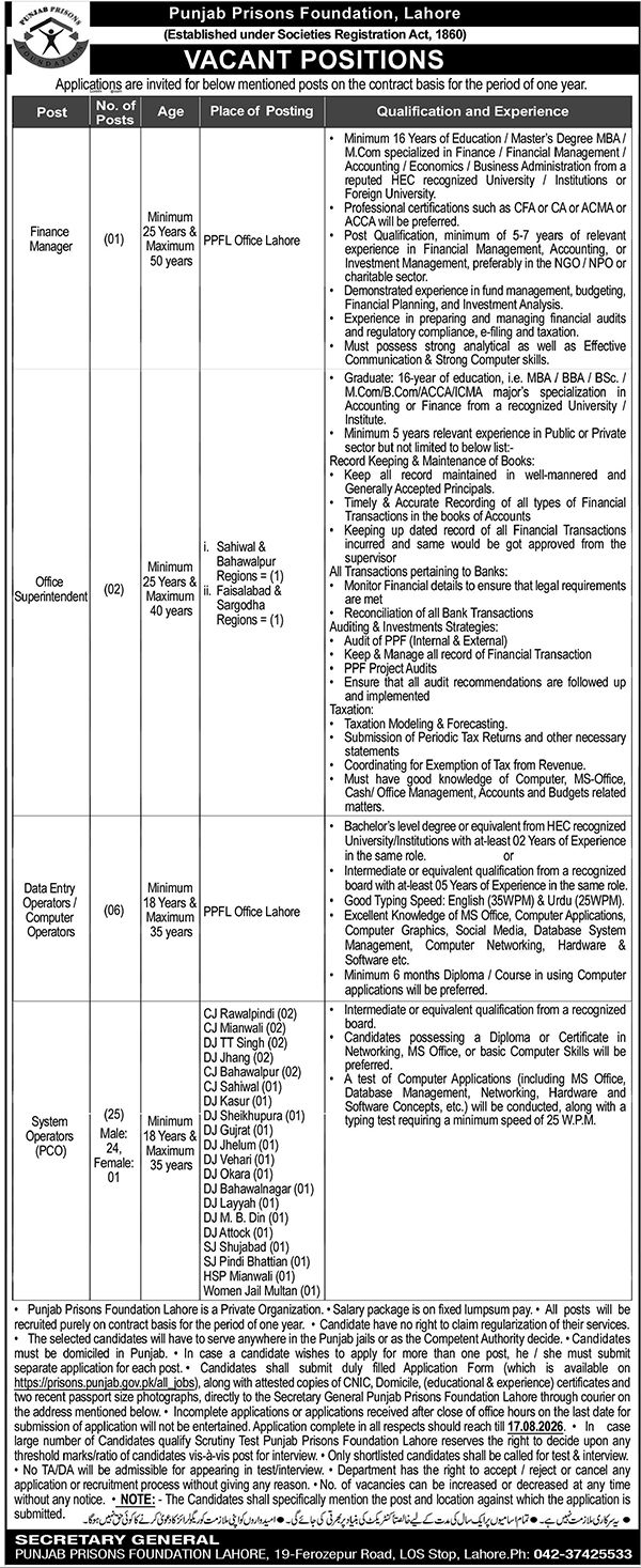 punjab prisons foundation jobs august 2026 advertisement