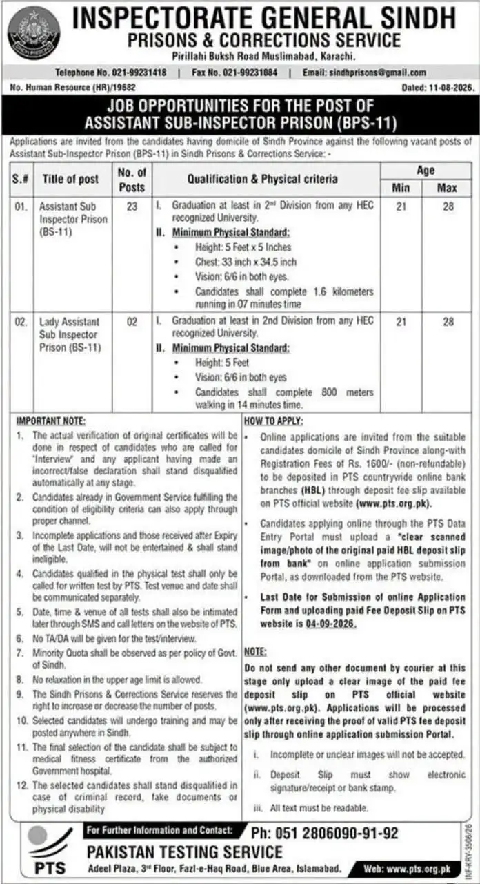 sindh prisons jobs 2026 advertisement