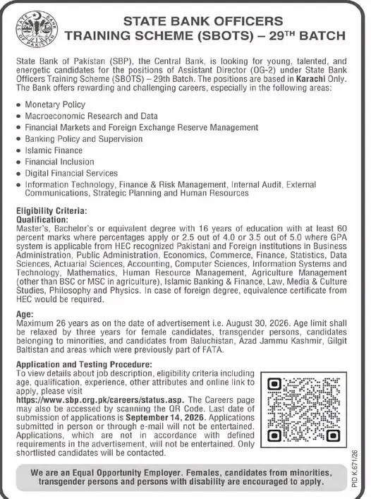 state bank of pakistan jobs august 2026 advertisement