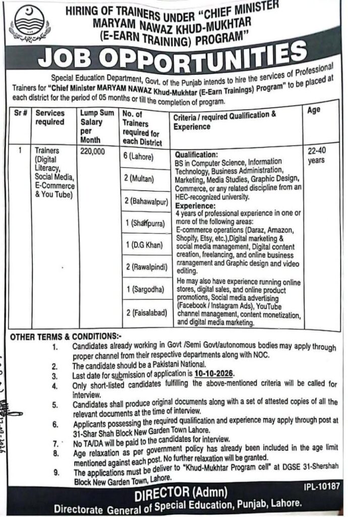 CM Khud Mukhtar E-Earn Training Program Jobs 2026 – Apply for Trainer ...