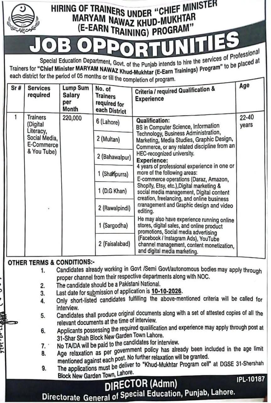 CM Khud Mukhtar E-Earn Training Program Jobs 2026