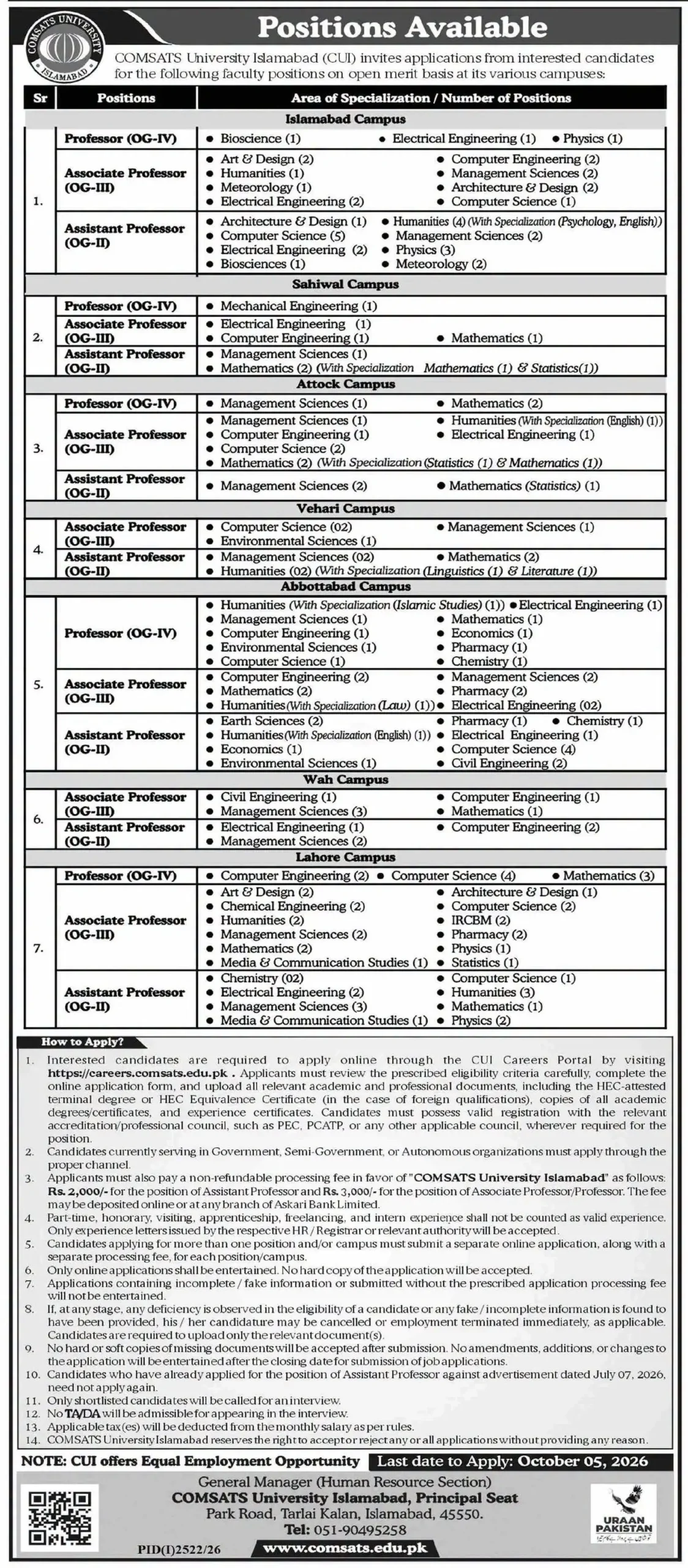 COMSATS University Jobs September 2026 advertisement