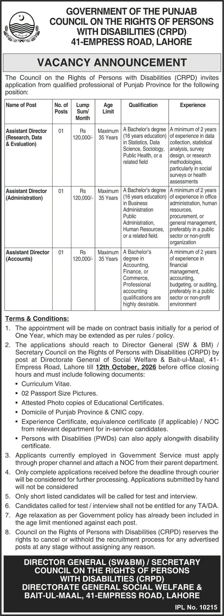 CRPD Punjab Jobs 2026 advertisement