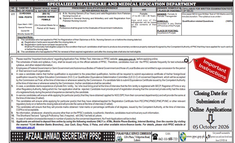 PPSC Charge Nurse Female Jobs September 2026 advertisement