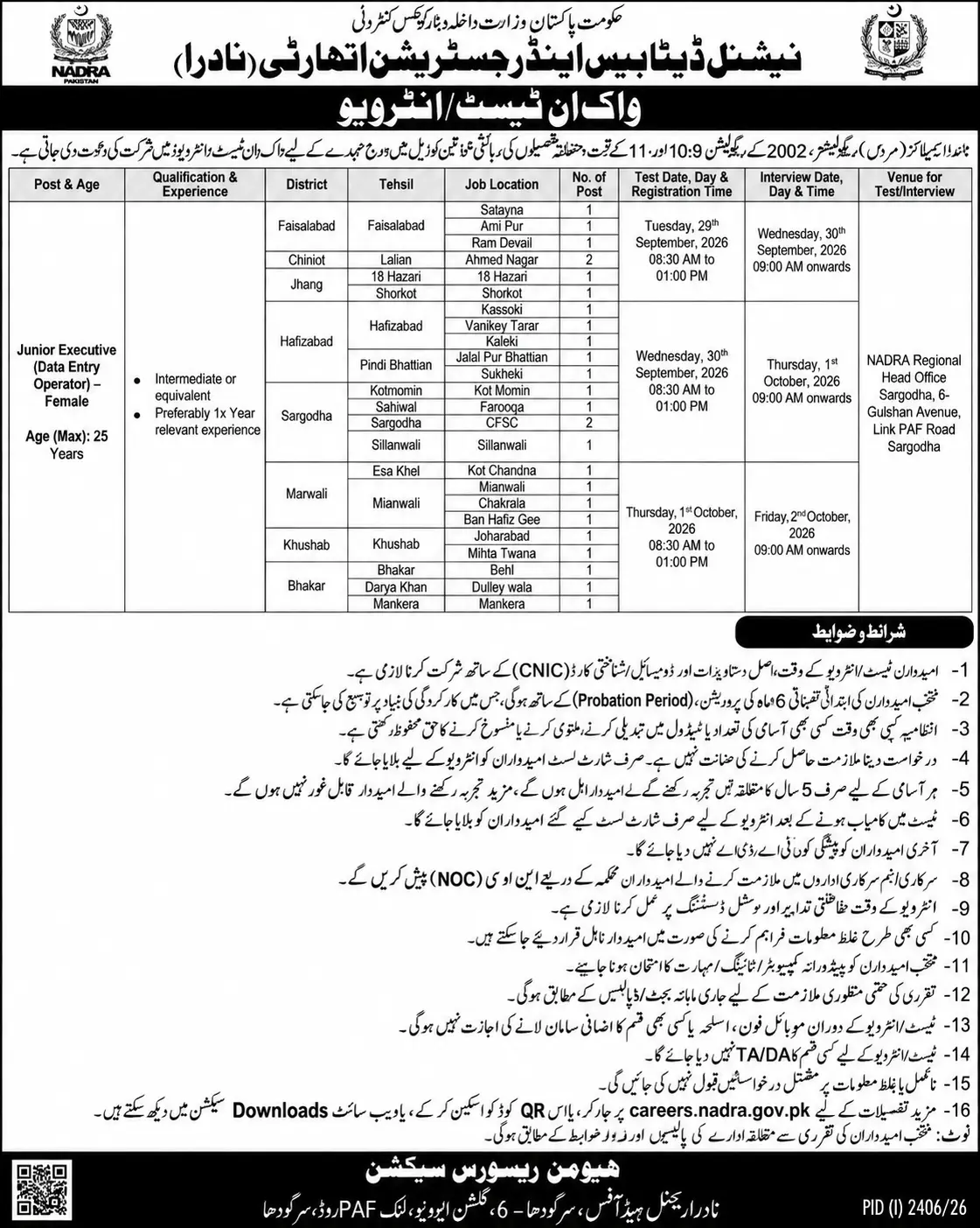 nadra jobs september 2026 for female data entry operator advertisement