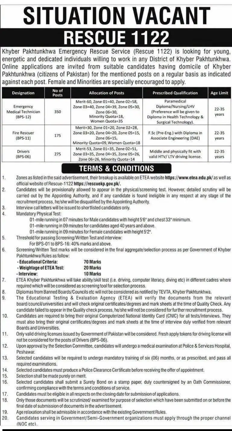rescue 1122 kpk september jobs 2026 advertisement