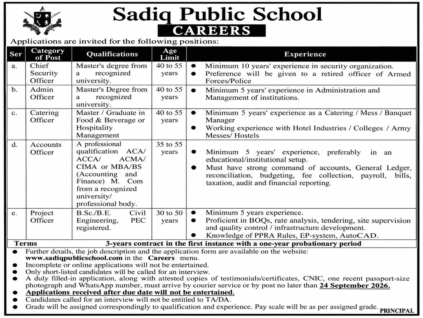 sadiq public school jobs september 2026 advertisement