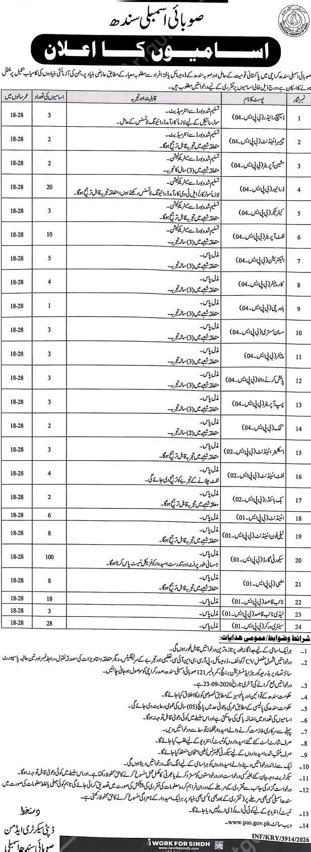 sindh assembly jobs september 2026 advertisement