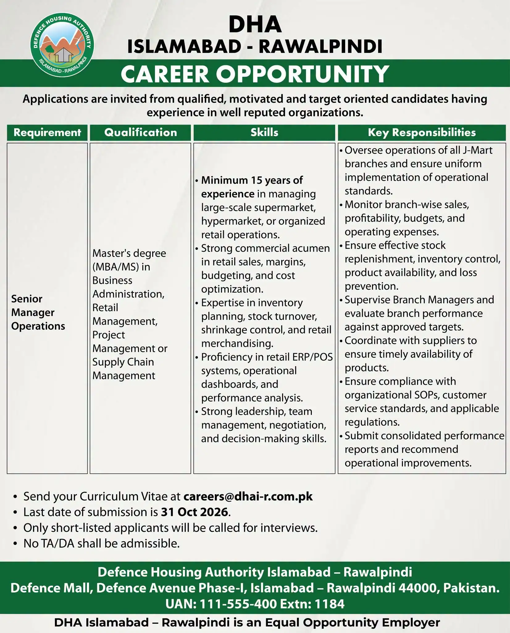 DHA Islamabad Rawalpindi Jobs 2026 for Senior Manager Operations