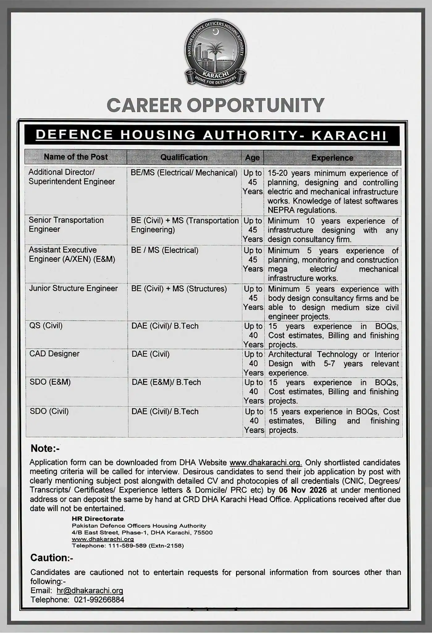 Defence Housing Authority DHA Karachi Jobs 2026 ad