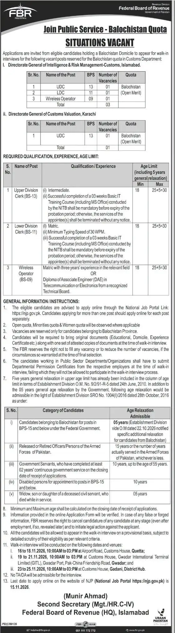 FBR Jobs 2026 advertisement