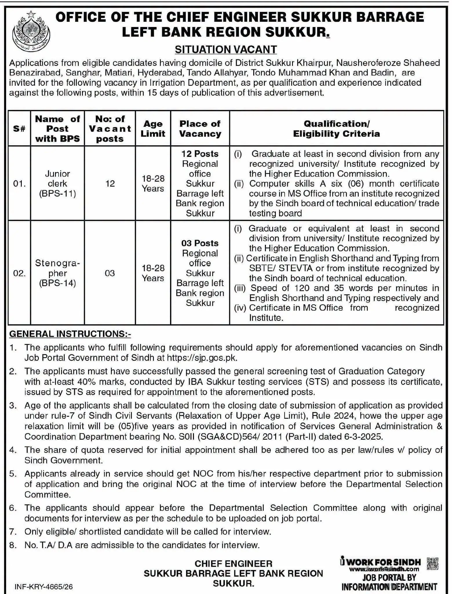 Irrigation Department Sukkur Jobs 2026 advertisement