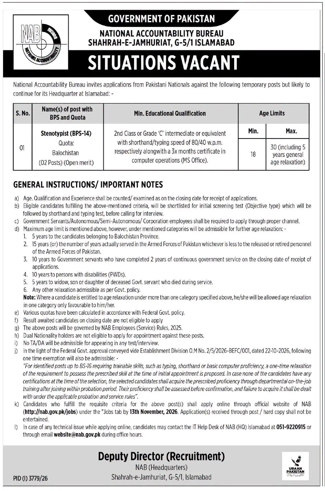 NAB Jobs 2026 in Islamabad for Stenotypists advertisement