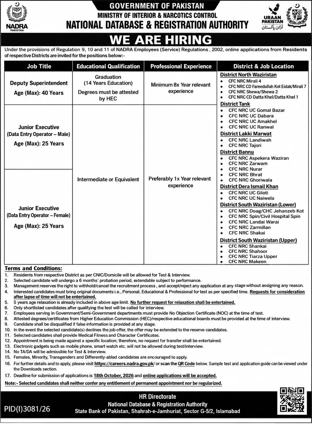 NADRA Jobs 2026 – Deputy Superintendent & Data Entry Operator Vacancies
