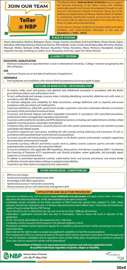 National Bank of Pakistan Teller Jobs 2026