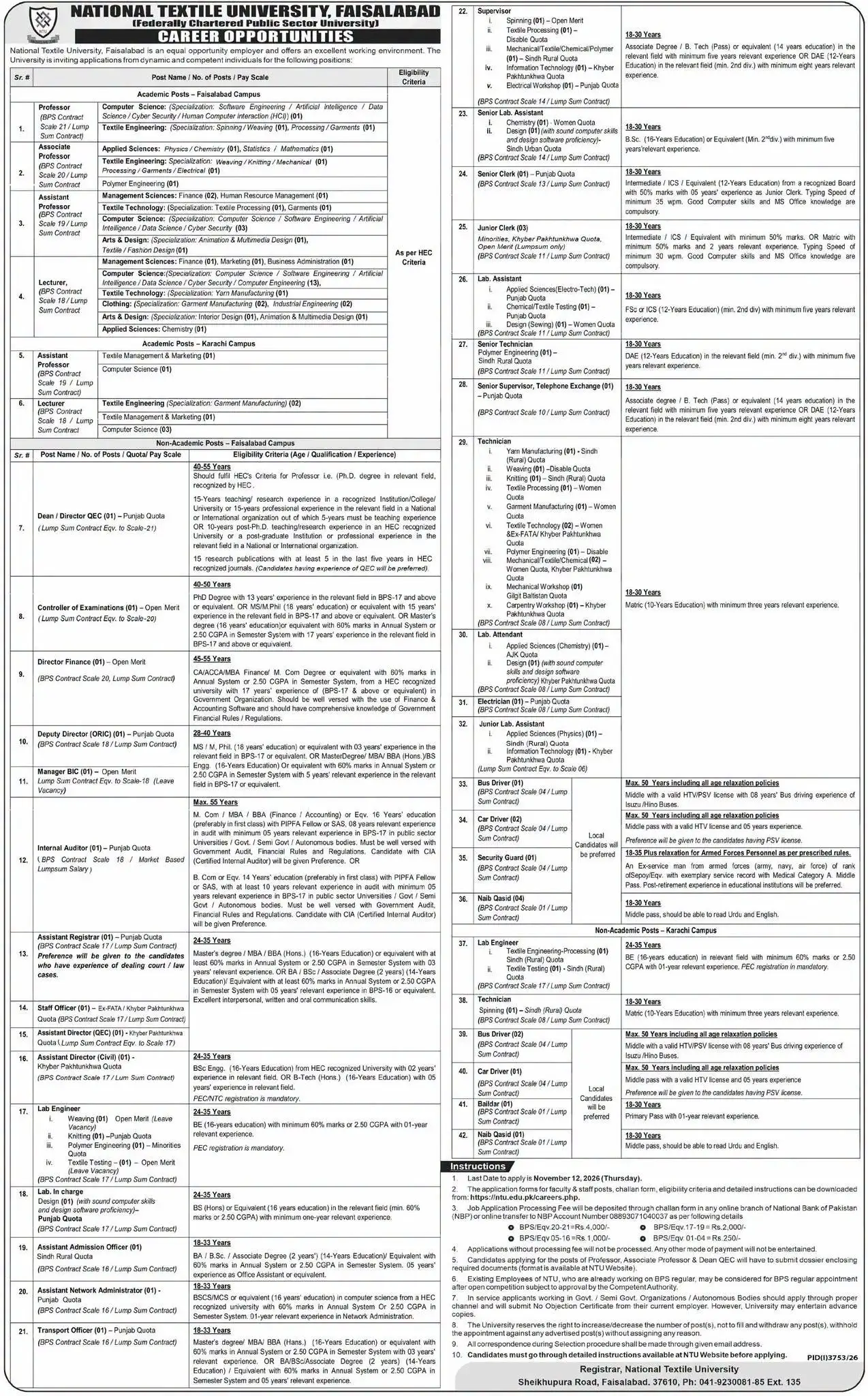 National Textile University NTU Jobs 2026 advertisement