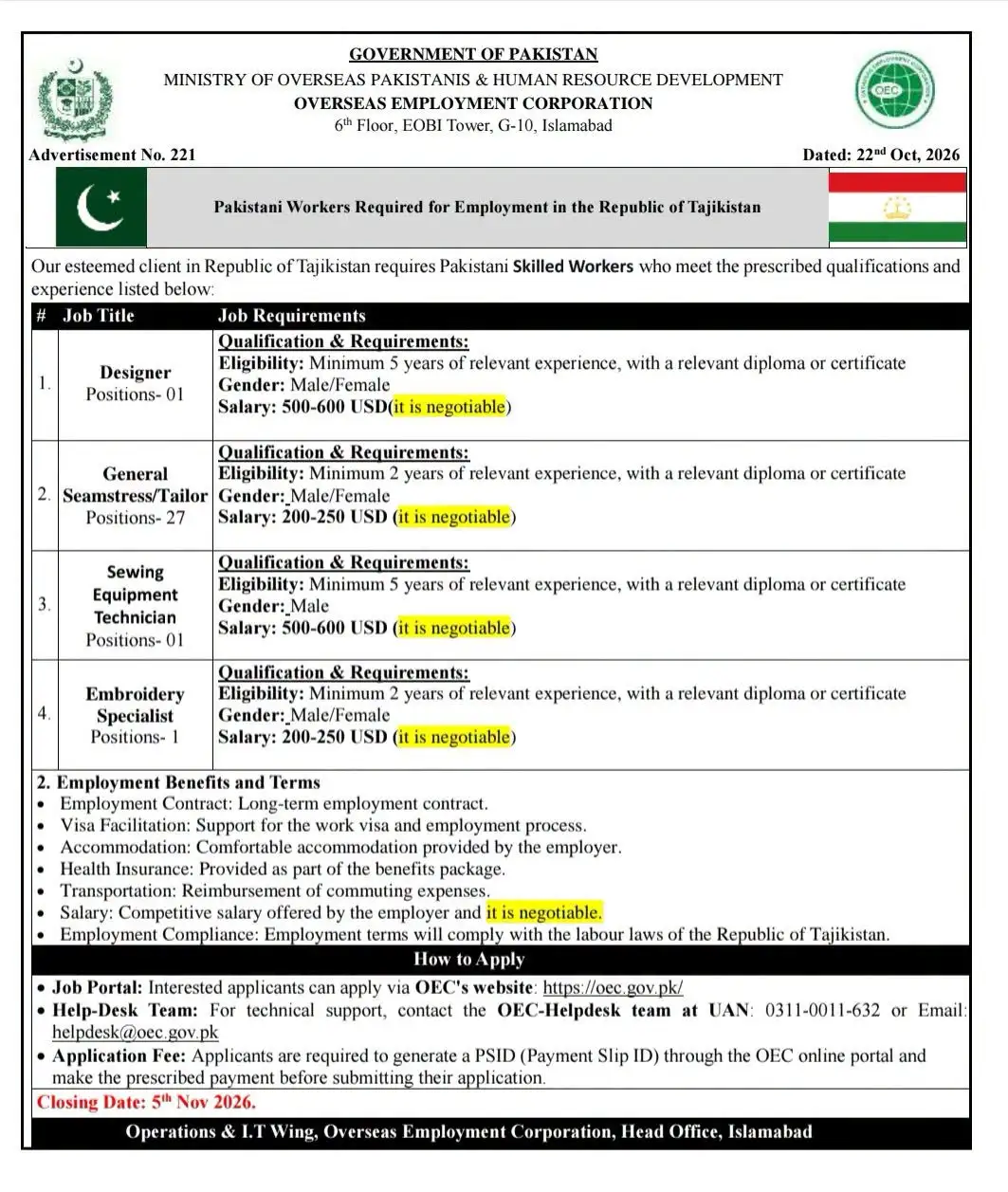OEC Tajikistan Jobs 2026 for Pakistani Workers
