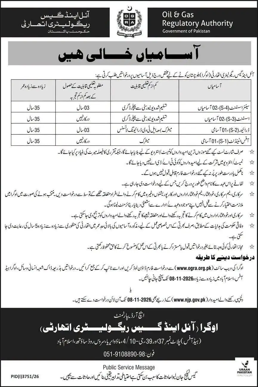 OGRA Jobs 2026 in Islamabad advertisement