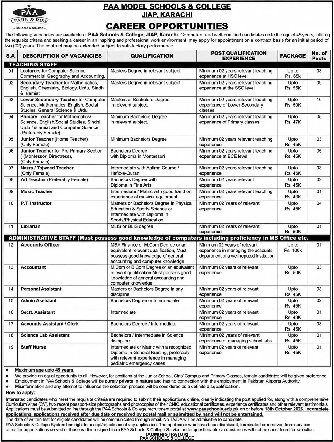 PAA Model Schools & College Karachi Jobs 2026 advertisement