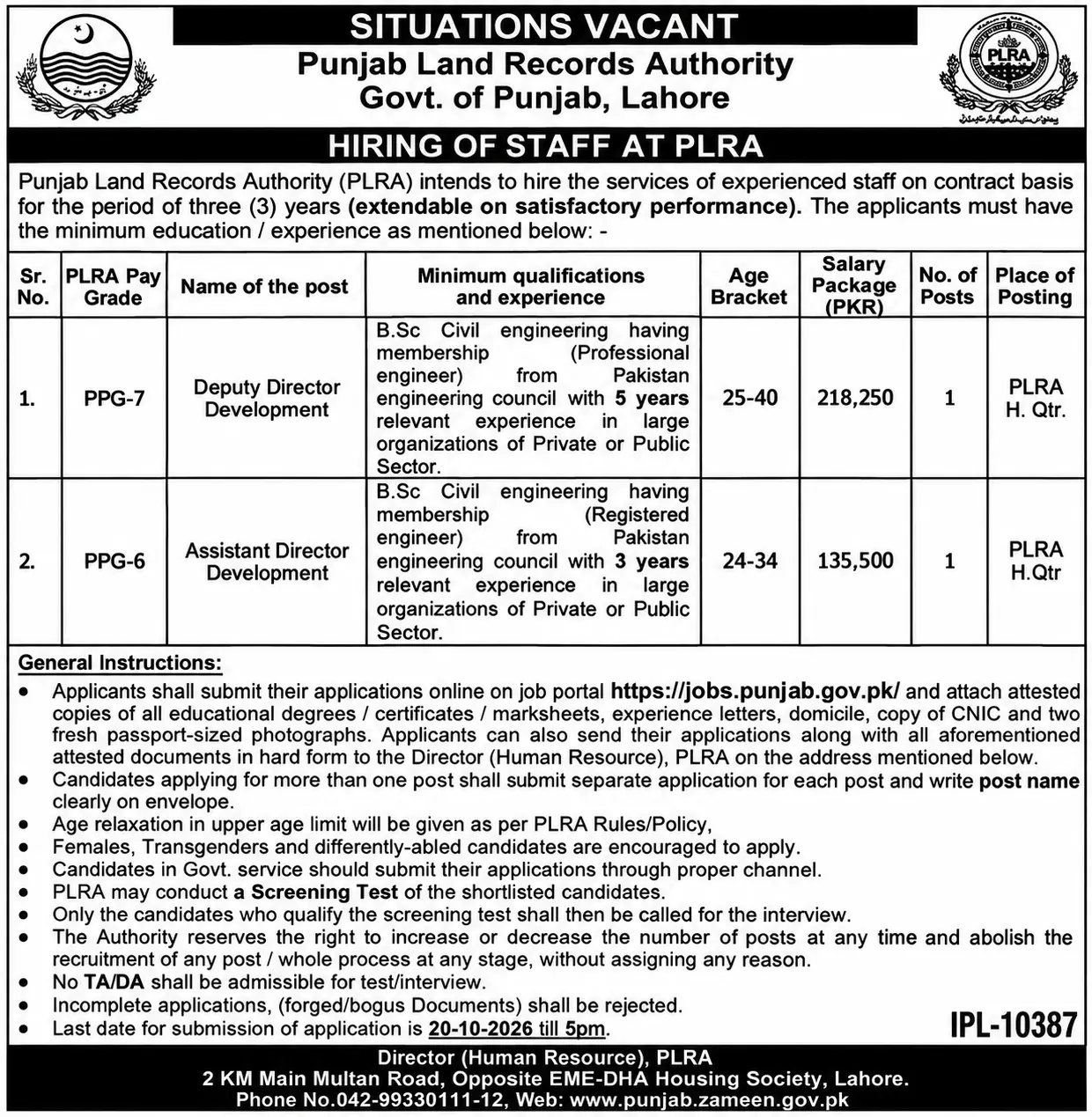 Punjab Land Records Authority Jobs 2026 advertisement