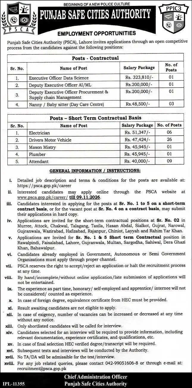 Punjab Safe Cities Authority Jobs 2026 advertisement