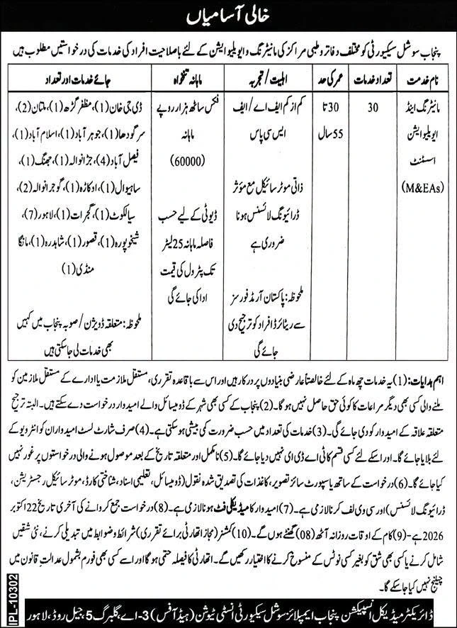 Punjab Social Security Jobs 2026 - Monitoring and Evaluation Assistant Vacancies in Punjab
