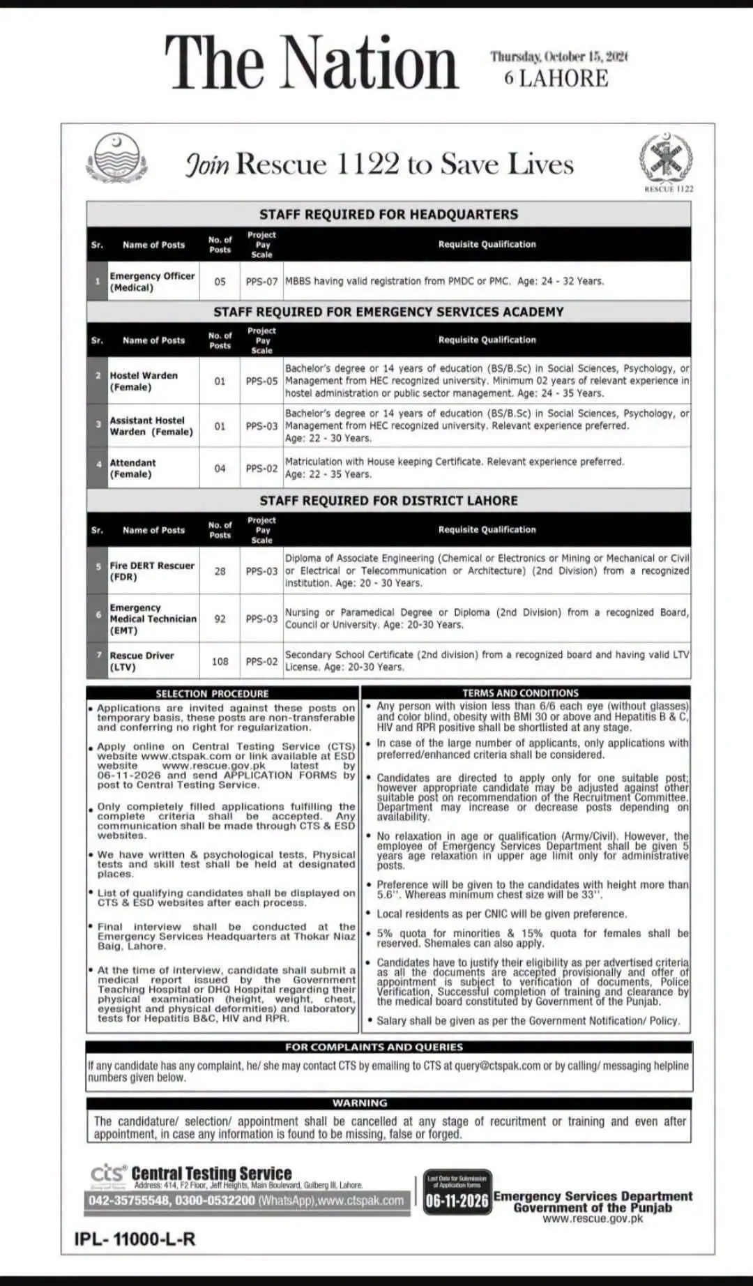 Rescue 1122 Jobs october 2026 in Punjab advertisement