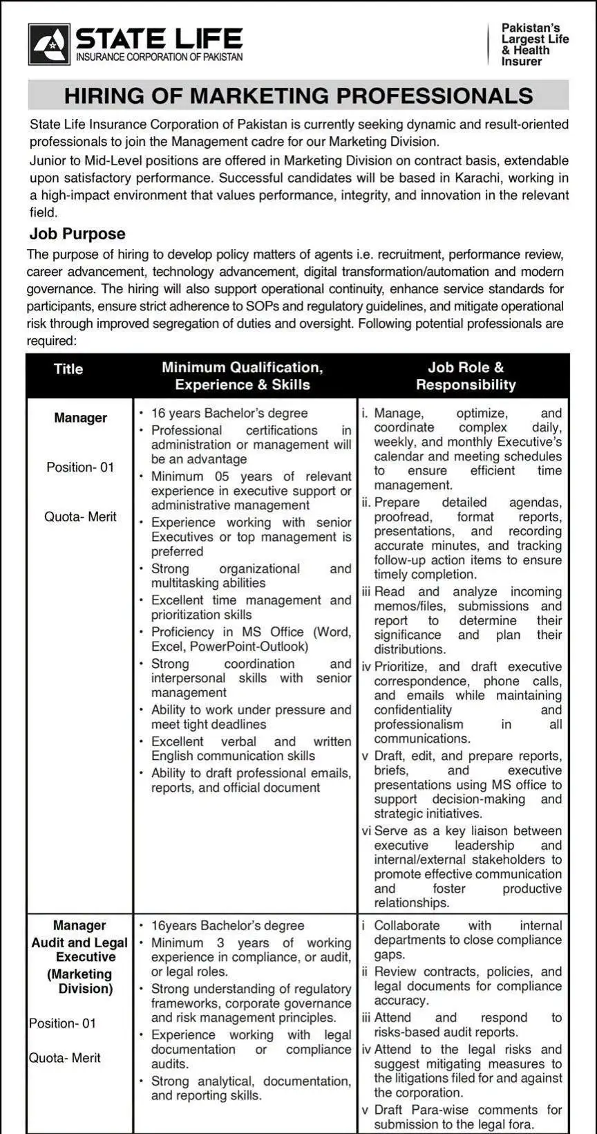 State Life Insurance Jobs 2026 advertisement