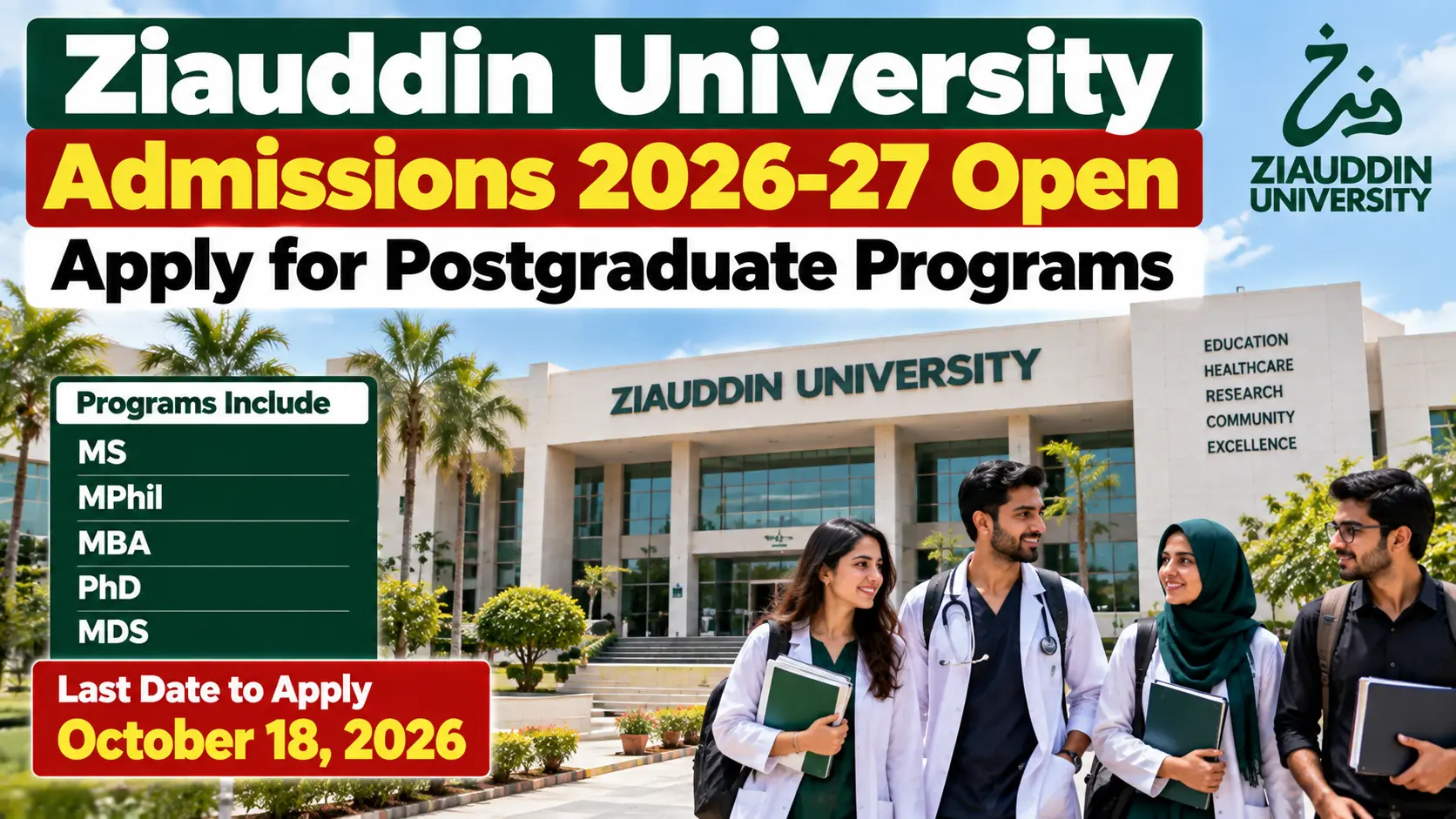 Ziauddin University Admissions 2026-27 Open – Apply Before October 18