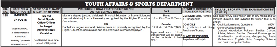 PPSC Youth Affairs & Sports Department Jobs 2026 